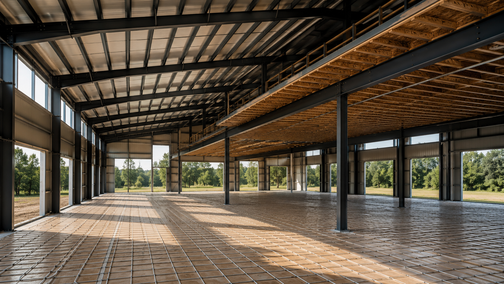 AI-rendered interior wide view of the PEMB structural shell mid-construction — five rigid frames at 30' on-center, N-S spine beam with two offset interior columns and the ~30' clear central viewing zone, monopitch roof with west eave higher than east, slab-on-grade with radiant tubing visible, late-afternoon daylight through partially-installed IMP envelope