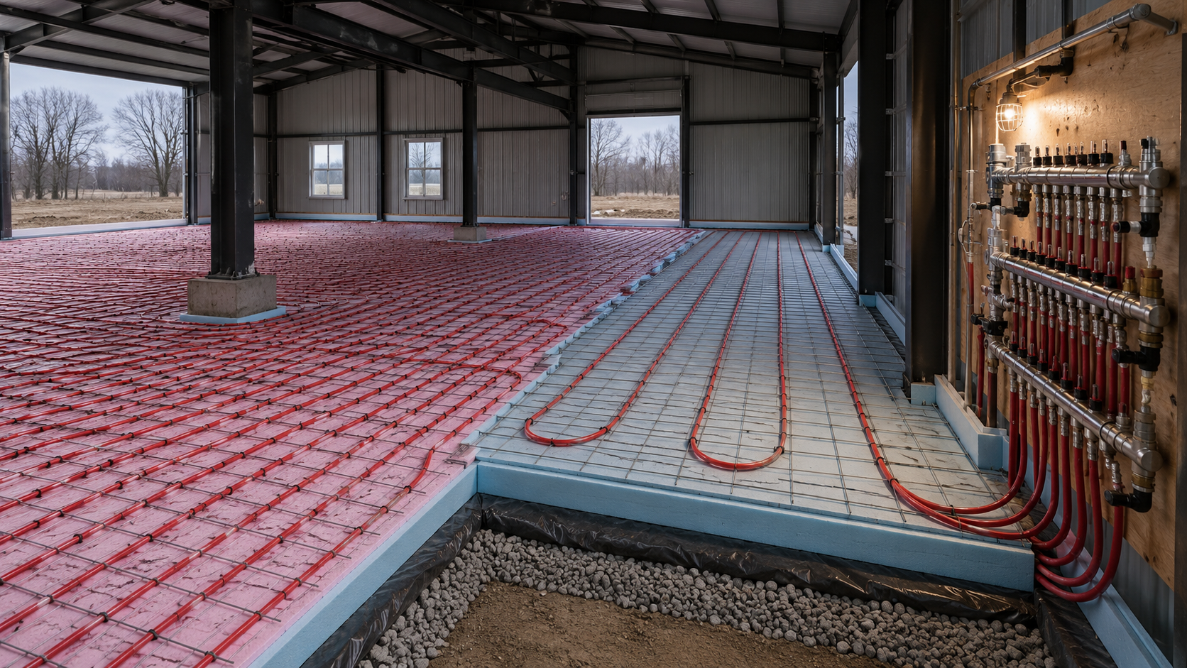 AI-rendered pre-pour view of the hydronic radiant slab — partial cutaway showing comfort-density tubing at 6-9 inch on center on the left meeting maintenance-density tubing at 12-18 inch on center on the right, polished stainless central manifold mounted on the spine wall, rigid insulation and wire mesh assembly visible, dark charcoal PEMB frame overhead in cool overcast afternoon light