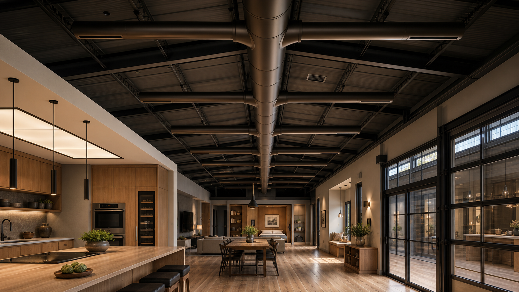 AI-rendered interior wide-angle of the living wing looking north, with the exposed dark-bronze N-S main HVAC trunk overhead centered approximately 12 feet off the spine wall, five perpendicular E-W branches dropping to discreet linear slot diffusers integrated into the ceiling, warm white-oak kitchen island and millwork below, glimpse of the spine wall glazing at right, polished hardwood floor, late-afternoon ambient daylight plus warm pendant glow over the kitchen