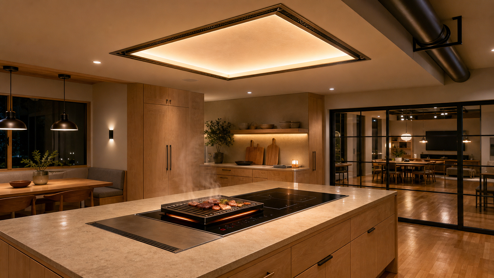 AI-rendered interior detail of the kitchen island at evening with the warm white-oak island and matte-black induction cooktop in the foreground, a removable cast iron Korean BBQ plate centered on the bridge zone glowing faintly at edges, a clean linear air-curtain slot in the island front edge, directly overhead at 8 feet AFF a recessed luminous ceiling capture field reading as a glowing rectangular light panel with a continuous perimeter slot intake, NO hanging hood visible, dark-bronze trim throughout, warm 2700K domestic light