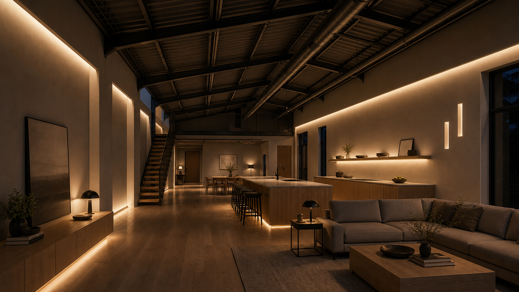 AI-rendered architectural visualization of a luxury barndominium living zone at evening — layered indirect lighting with no visible sources, cove glow at the wall/ceiling junction, wall-aperture slot perforations, under-shelf task lighting at a kitchen counter, two restrained dark-bronze table lamps, and a low floor-grazing glow at the wall/floor transition along a hallway
