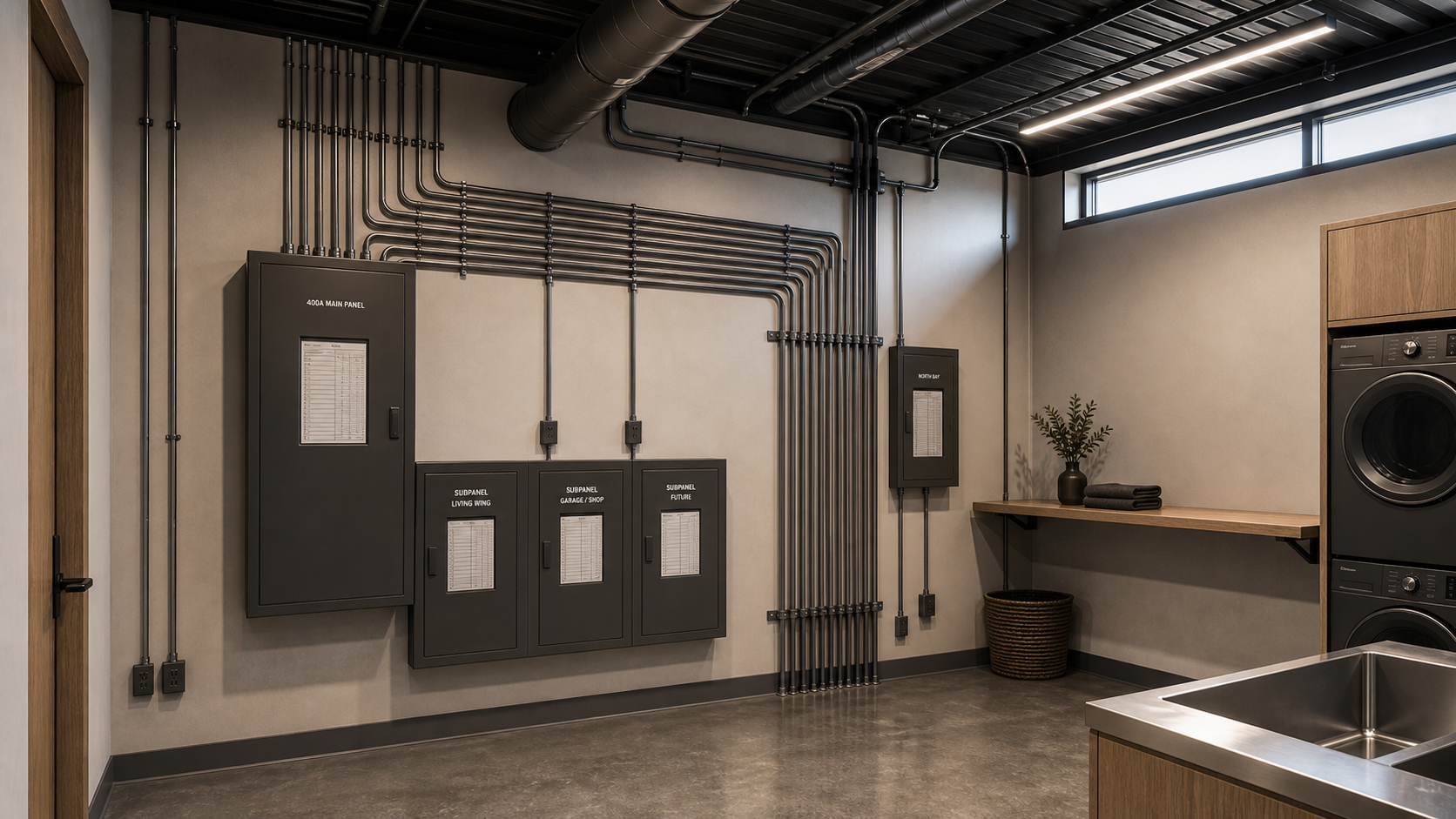 AI-rendered architectural visualization of the laundry / operations core — main 400A panel surface-mounted to a warm-gray wall, labeled subpanels below, multiple parallel EMT conduit runs turning 90° to head to the ceiling, exposed PEMB structure overhead, calm service-grade room with stainless utility sink and warm white-oak folding ledge