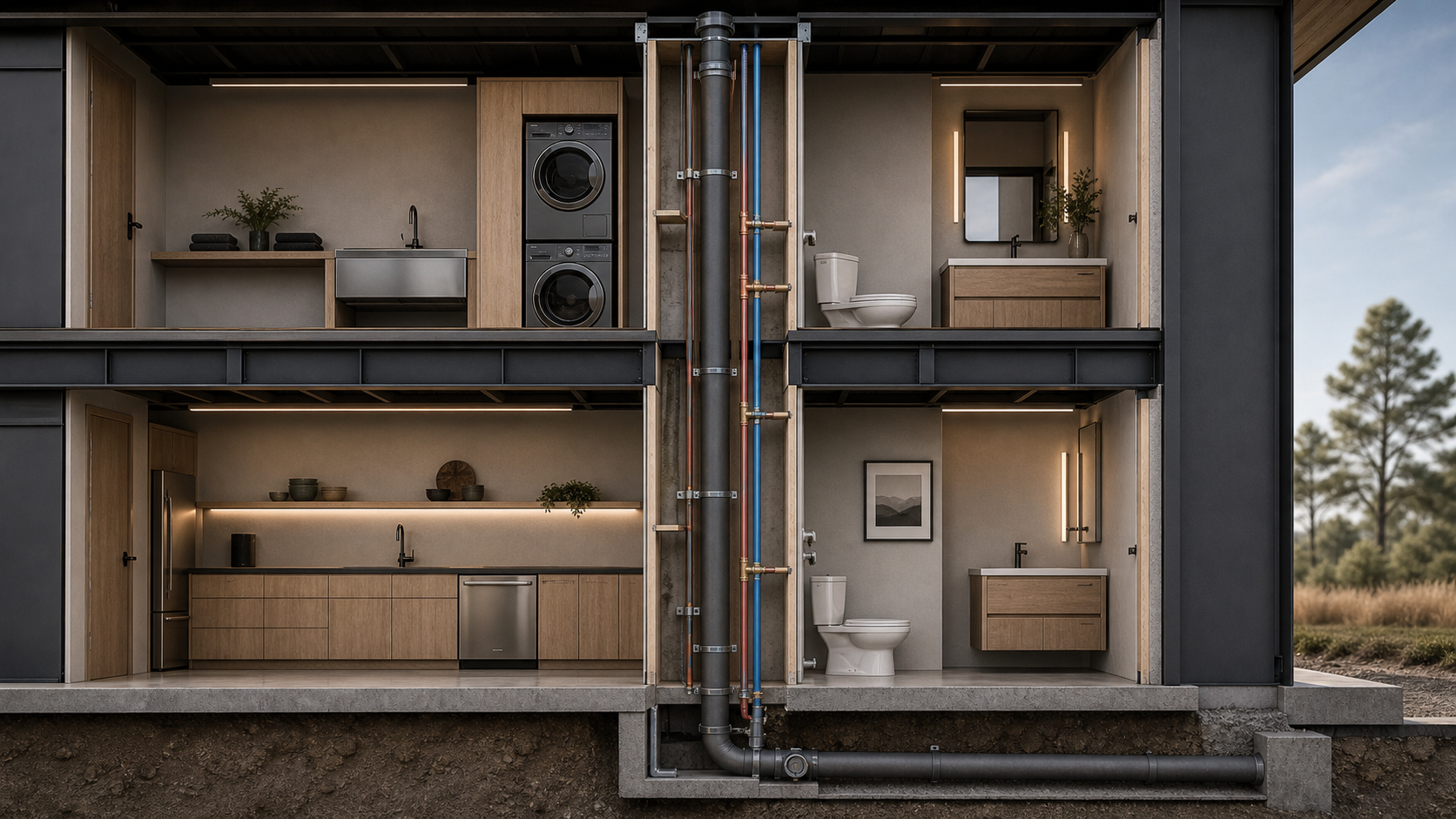 AI-rendered cutaway visualization of the middle plumbing cluster — two-story partial section through a wet wall showing one dead-vertical 4-inch waste stack, parallel hot+cold supply lines, toilet branches under 8 feet to stack, and an east-falling under-slab main drain with cleanout, with a calm kitchen on the ground floor and laundry/ops above shown in elevation around the section