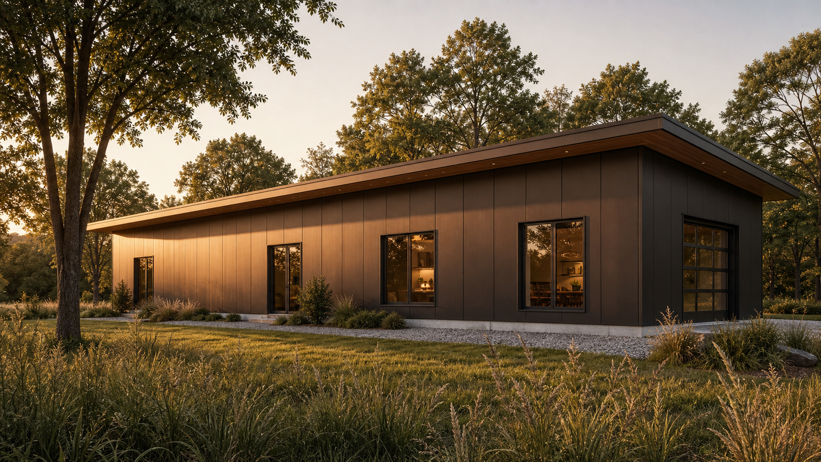 AI-rendered architectural exterior of the long monopitch barndominium clad in matte dark brown Kynar 500 PVDF insulated metal panels, sited in a Delaware mid-Atlantic landscape of deciduous canopy and native grasses, with a continuous 4-foot perimeter overhang casting a horizontal shadow band across the upper south face at golden hour