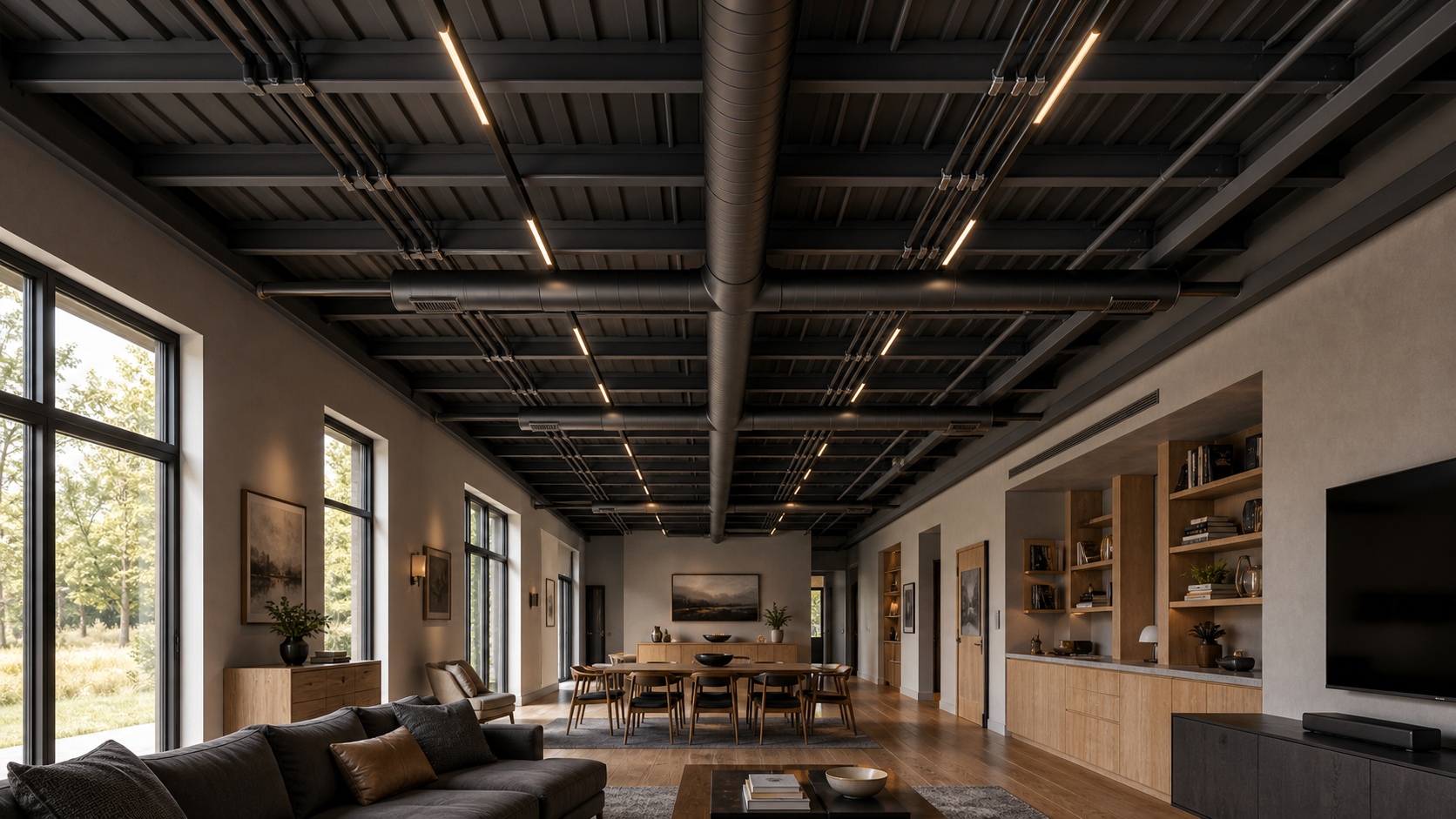 AI-rendered architectural visualization of a luxury barndominium living-wing ceiling — exposed dark charcoal PEMB structure, a single round main HVAC trunk running parallel to bay direction, 90-degree branch ducts, parallel EMT conduit bundles, and N-S linear LED runs all aligned, with the calm warm-gray and warm-white-oak room below as quiet background