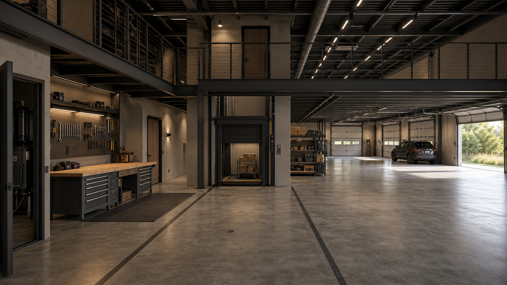AI-rendered architectural visualization of the 60-foot south bay looking east — workshop main and equipment room at the west end, central material lift shaft at mid-bay, hybrid receiving zone and three garage bays beyond, with a partially open east garage door admitting raking daylight across polished concrete and a LOW mezzanine soffit visible overhead