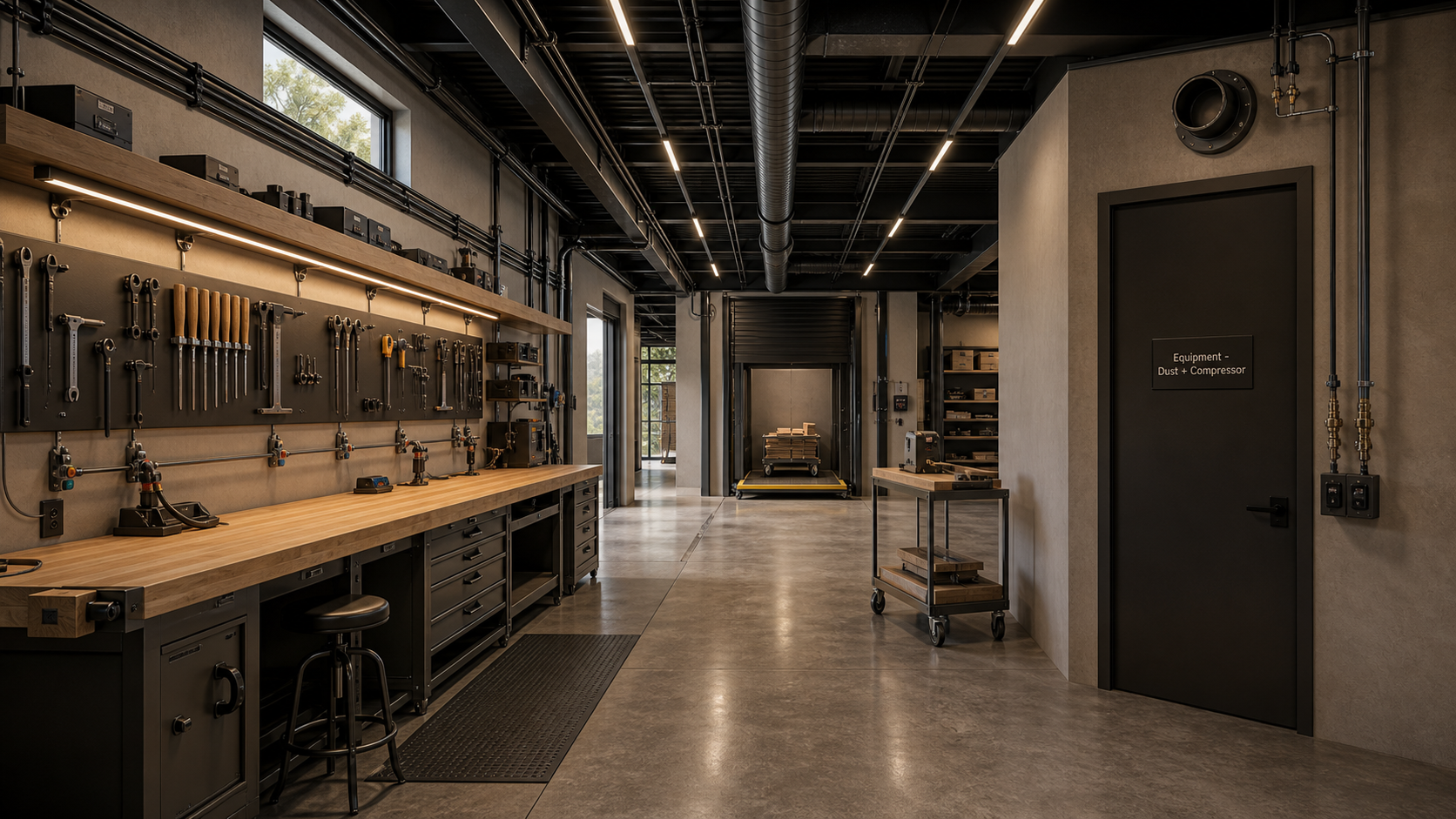 AI-rendered architectural visualization of the workshop main — sealed acoustic equipment-room door with fire-collared dust pass-through above, hardwood workbench with concealed under-shelf LED task light, disciplined parallel pneumatic + dust + EMT runs at the ceiling, anti-fatigue mat, and the 7-foot transport spine leading east toward the material lift door