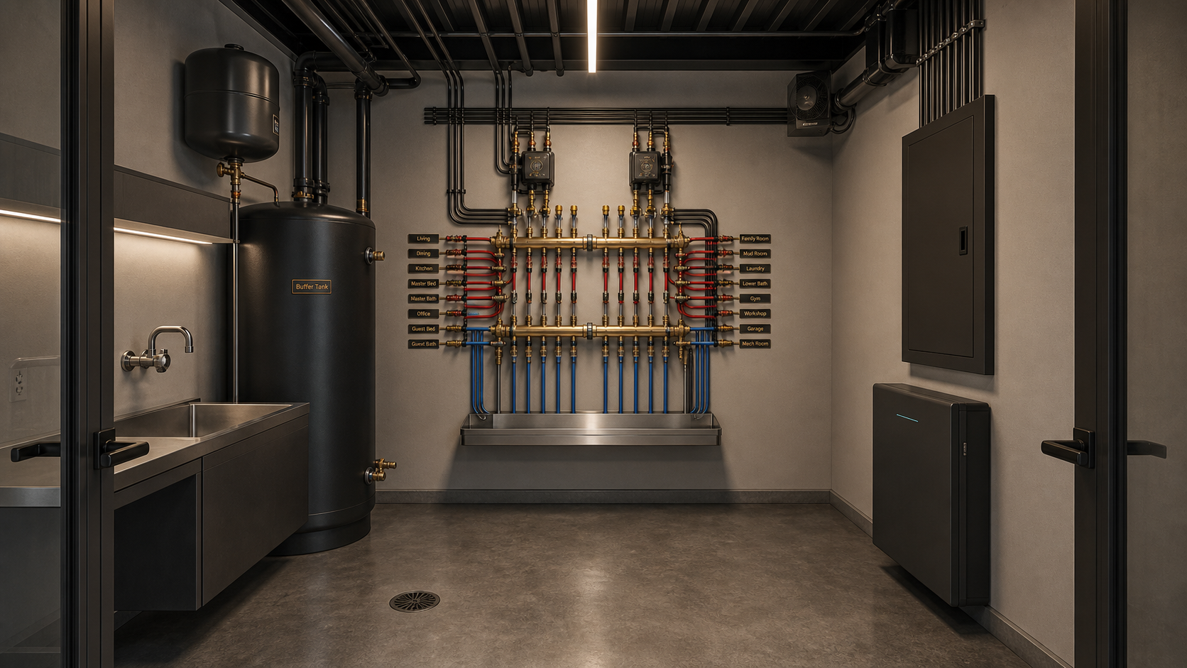 AI-rendered architectural visualization of the mechanical room — interior view from the smoked-glass door looking north toward the radiant manifold visual wall with polished brass distribution headers and labeled PEX loops, vertical buffer tank and utility sink at left, flush dark-bronze electrical subpanel and wall-mounted battery at right, sealed warm-gray polished concrete floor with a recessed floor drain, exposed dark-charcoal PEMB structure overhead
