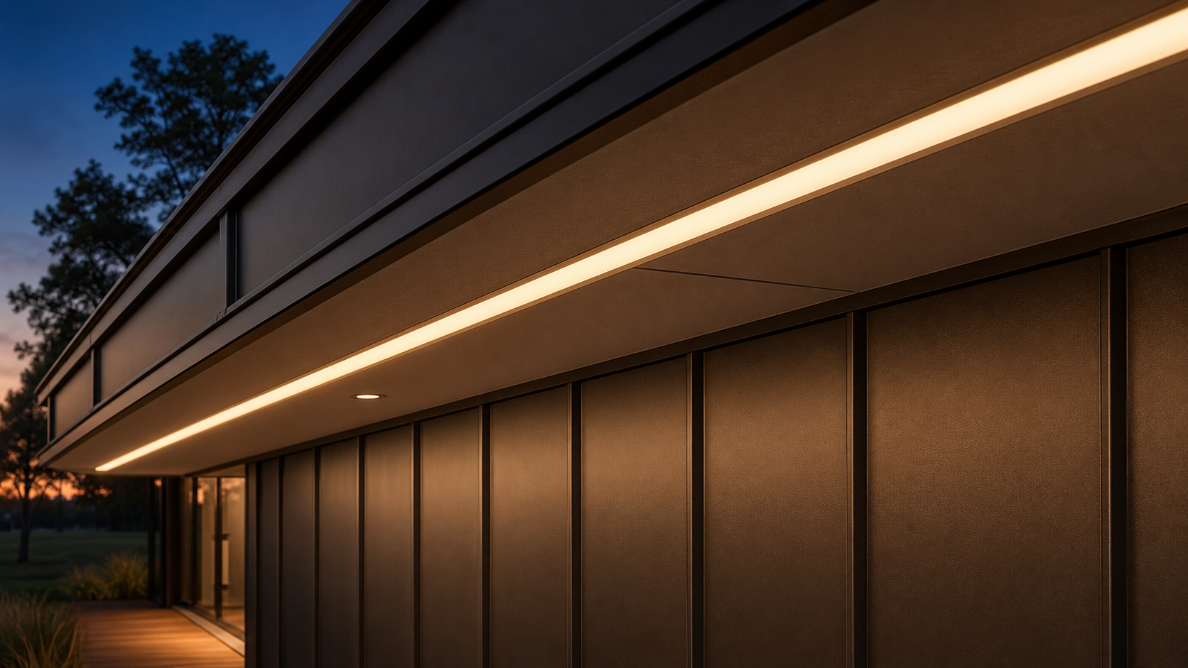 AI-rendered close-up architectural detail of the eave soffit — looking up at the underside of the eave, slim flush-mounted aluminum channel with a frosted opal diffuser running continuously as a smooth luminous band, soft warm wash down the adjacent dark-bronze IMP wall plane, a small recessed downlight casting a pool on the ipe-board walk below, deep blue-hour sky just visible beyond the drip edge