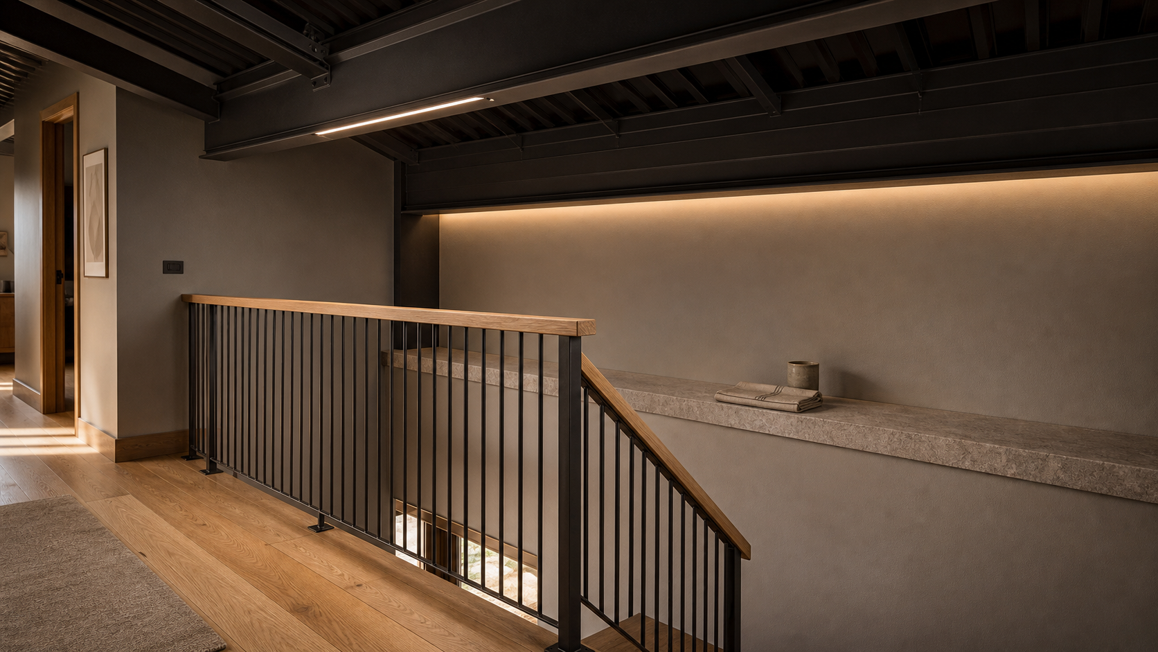 AI-rendered architectural material-vignette at the top of the main stair landing — exposed dark-charcoal PEMB structure overhead, thin vertical steel-rod stair railing with warm white-oak top rail in the foreground, honed soft-warm-gray limestone shelf at mid-frame with eased edges, wide-plank warm white-oak floor below, all touchable edges with 1/4–3/8 inch radius, soft indirect daylight