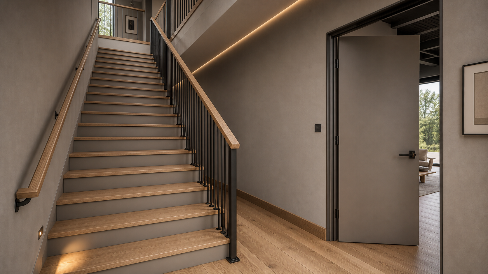 AI-rendered architectural detail of the main stair hall — generous 54-inch-wide open stair rising diagonally with warm white-oak treads and closed medium-warm-gray painted risers, thin vertical steel-rod open guardrail with warm white-oak top rail, a typical 84-inch tall flat solid-core door painted to match the wall plane visible at frame-right with restrained dark-bronze lever hardware, low-level navigation light at the bottom riser, calm even daylight