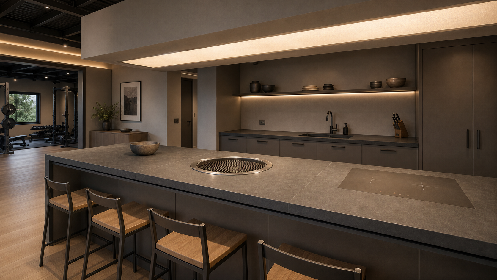 AI-rendered architectural interior of the primary social counter — long view of a 14-foot tri-sectional honed soapstone counter with seams only at zone boundaries (Prep | Korean BBQ | Induction support), a brushed-stainless thermal-break ring at the recessed BBQ plate, a thin updraft air-curtain slot at the front edge, a lowered ceiling capture field above with a broad diffused warm light panel, restrained counter-height stools, warm white-oak floor