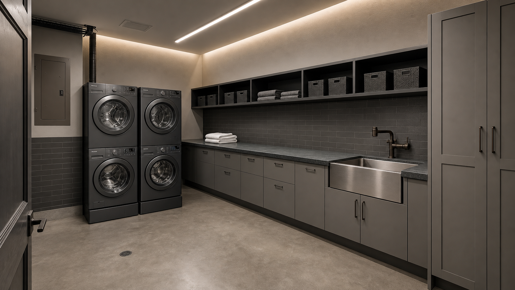 AI-rendered architectural interior of the laundry / operations core — two paired matte charcoal-gray heat-pump washer/dryer sets at frame-left on dark pedestals, a long honed warm-charcoal soapstone folding counter at center with restrained open shelving above, a brushed-stainless utility sink with tall storage cabinet at frame-right, a flush-mount dark-bronze main electrical subpanel in the upper background, recessed floor drain, warm-charcoal subway-tile splash, polished warm-gray concrete floor, calm 3000K lighting