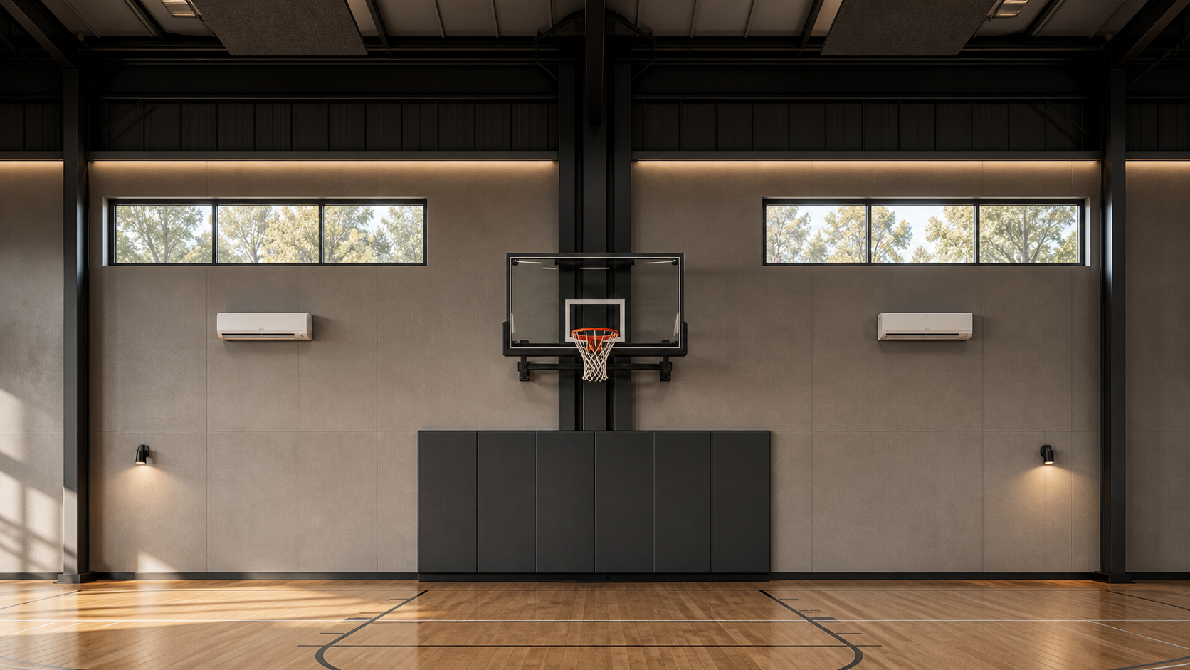 AI-rendered architectural elevation of the West Hero Wall basketball Hoop Spine — wall-mounted 72-inch glass backboard and breakaway rim carried by a dark structural-steel subframe tied into the partially exposed PEMB center column, projecting ~6 feet from a calm medium warm-gray wall plane, with two clerestory windows backlighting the upper wall and two symmetrical high-wall mini-splits below them