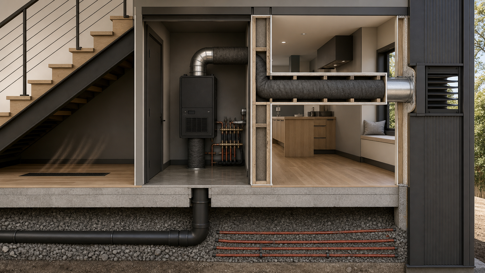 AI-rendered architectural cutaway section of the kitchen makeup-air routing — dark-charcoal flush architectural louver in the east IMP facade at 11 feet AFF, acoustically-lagged galvanized duct in a 2x6 partition wall chase behind the breakfast nook, vertical drop into a small mechanical-room MUA cabinet on the south wall, slab dive, under-slab PVC run heading south kept clearly separate from radiant PEX loops, surfacing at an invisible flush dark-bronze linear floor register beneath the southern stair